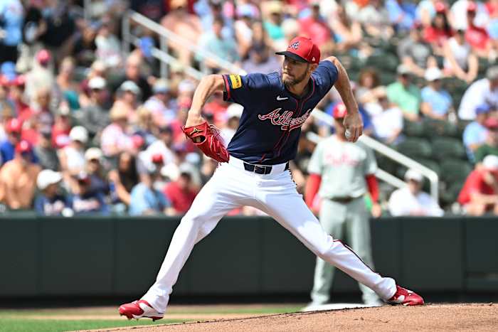 Mar 3, 2024; North Port, Florida, USA; Atlanta Braves pitcher Chris Sale (51) throws a pitch in the first inning of the spring training game against the Philadelphia Phillies at CoolToday Park.